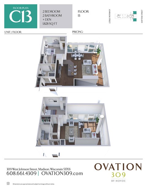 Floor plan for 2 beds, 2 baths, 1828 sqft